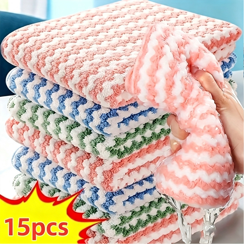 TEMU 15pcs Random Color Coral Fleece Dish Towels, Non-greasy And Non-shedding, Multi-scene Kitchen And Home Cleaning Pads, No Electricity Needed,