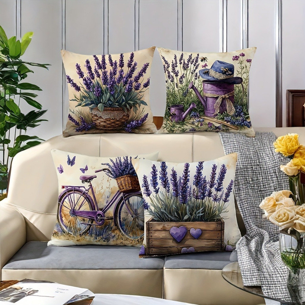 E-shop Set mit 4 Lavendel- und Fahrrad-Kissenbezügen, mit einem modernen Design und Reißverschluss, zum Dekorieren Ihres Wohnzimmers mit einem
