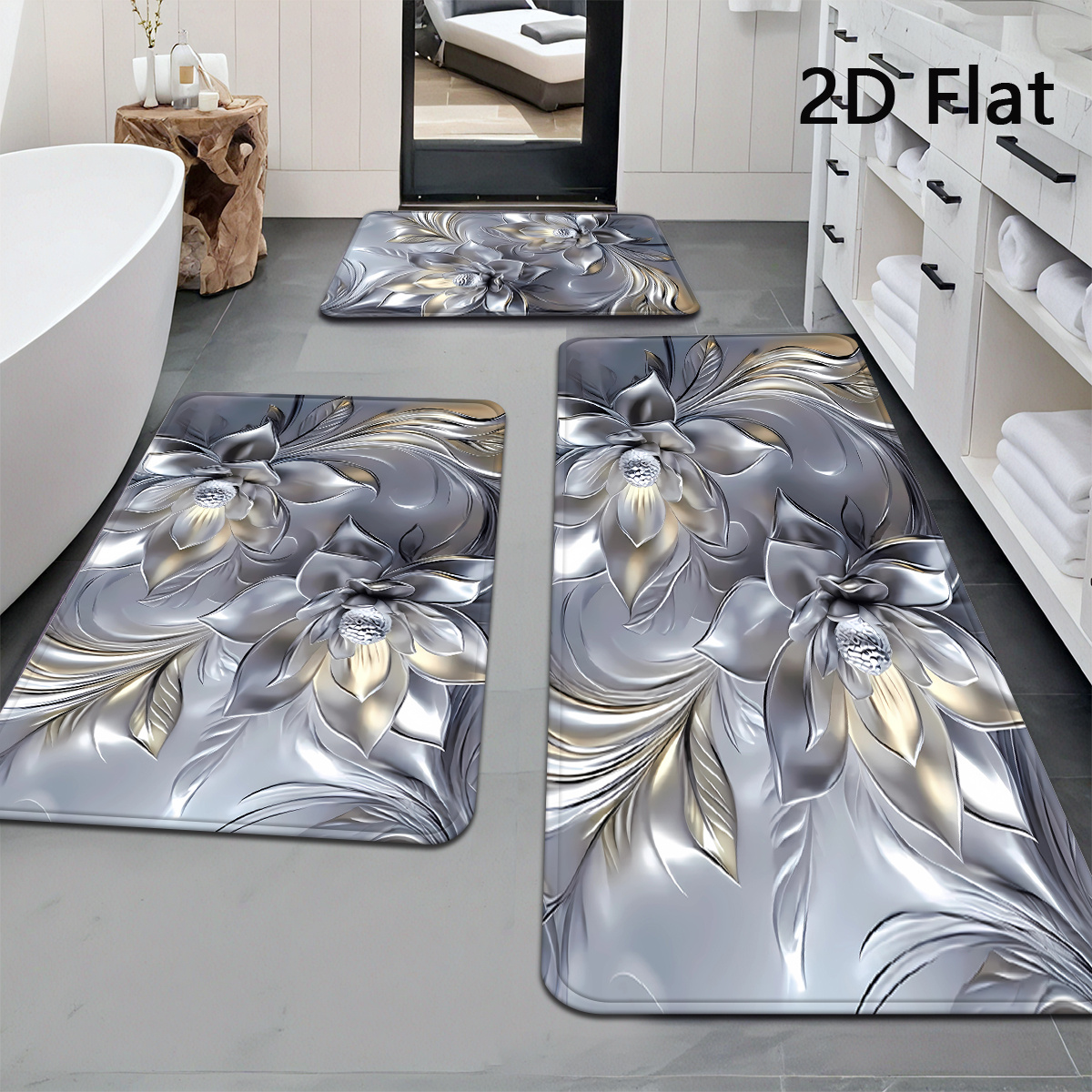 TEMU 2d Flat, 2pcs/3pcs 2d Flat Metal Texture For Lotus Bath Mat Set, Modern Light Bathroom Mat, Kitchen Mat, Bathroom Decor, Foot Mat, 2d Flat