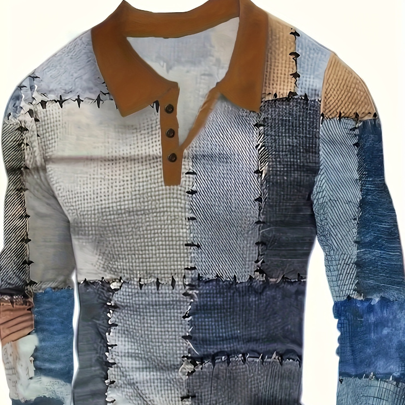 

Men's Long-sleeved Contrasting Print Shirt, Button-neck Casual Shirt, Fashionable Matching