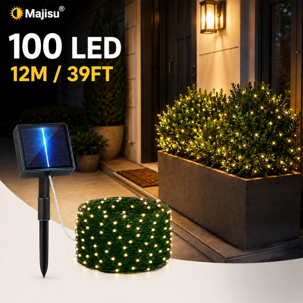 TEMU Majisu 1pc Solar Powered Smart String Lights, Warm White 300/200/100/50 Led Outdoor Garden Lights With Dark , Ipx4, 8 For Front Door Greenery,