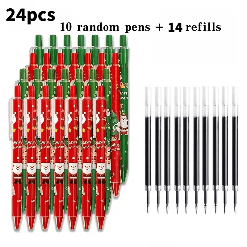 TEMU 24pcs Christmas Ballpoint Pen Set (10pcs Pens And 14pcs Refills), Random Style Retractable Gel Pens, Cute Cartoon Holiday Pens, Suitable For