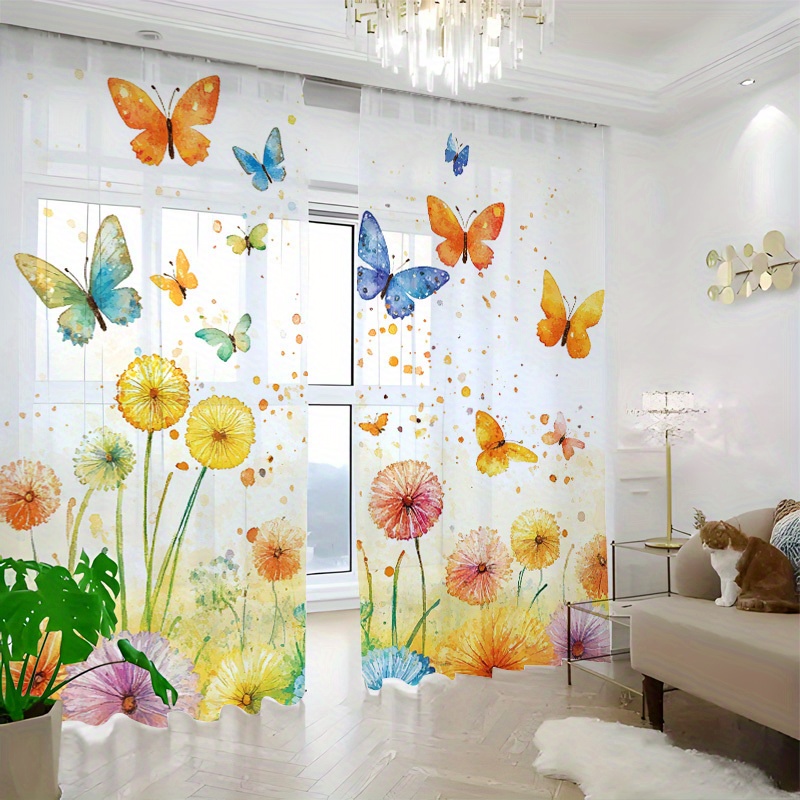 TEMU 2pcs Watercolor & Floral Semi-sheer Curtains - Vibrant Pastel Colors, Rod , Machine Washable Polyester For Living Room, Bedroom, Office, Home