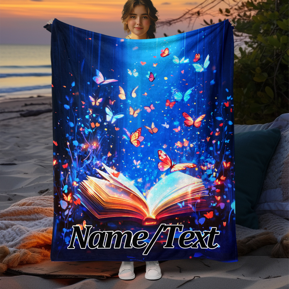 

Personalized Book & Butterflies Soft Flannel Throw Blanket - Custom Name, Lightweight & Warm For Couch, Bed, Office, Camping & Travel - Polyester, Perfect Gift Idea