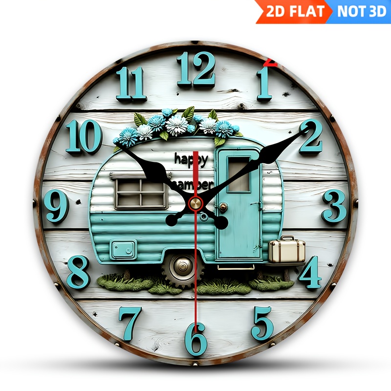 TEMU 2d Flat Wooden Van-themed Wall Clock, Silent Decoration, For Bedrooms, Living Rooms, And Offices, In Sizes 8.0/10.0/12.0/14.0 Inches (aa