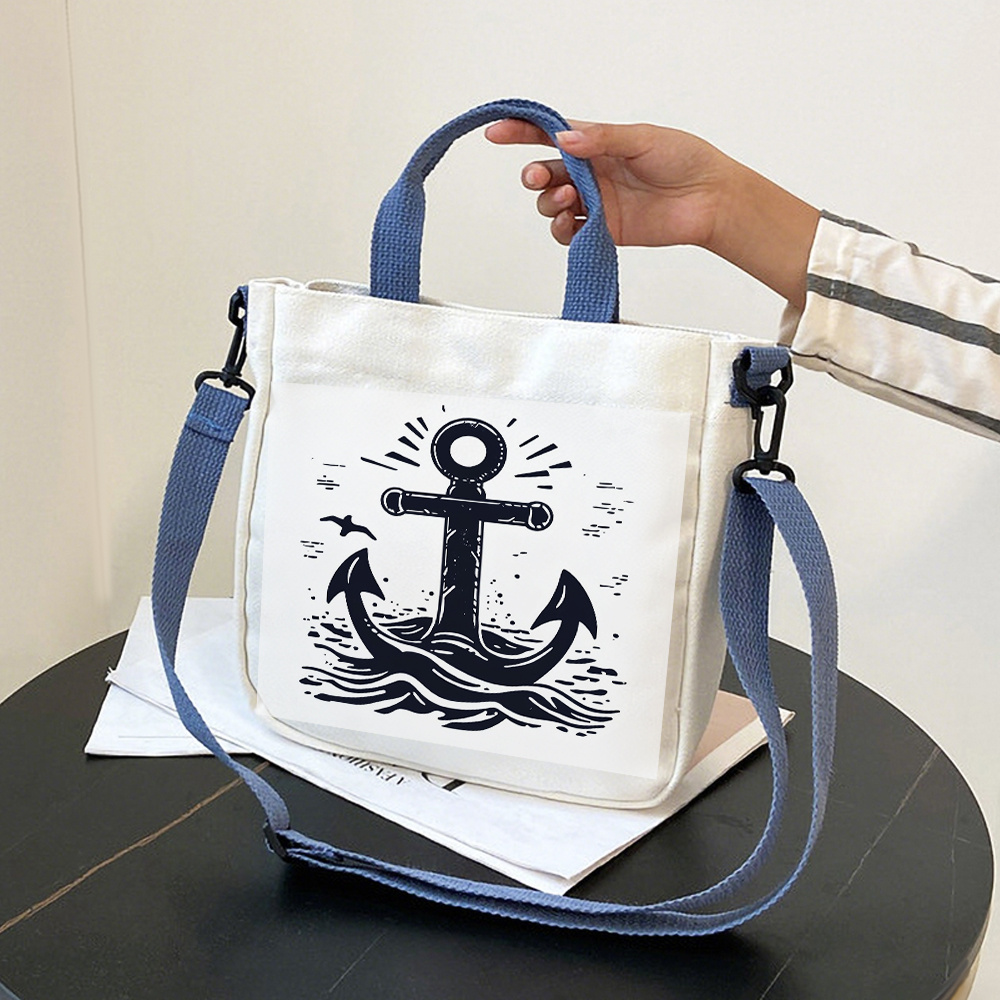 

1pc Nautical Anchor Print Tote Bag, Detachable Shoulder Strap, Multi-functional Messenger Bag, Thick , Versatile Daily & Travel Shoulder Bag