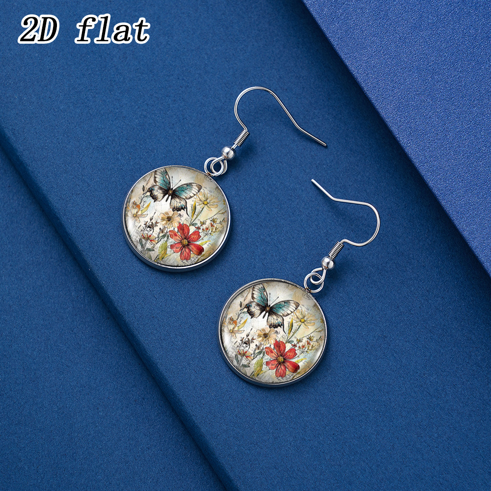 Round Stainless Steel Blue Butterfly Floral Pattern Earrings