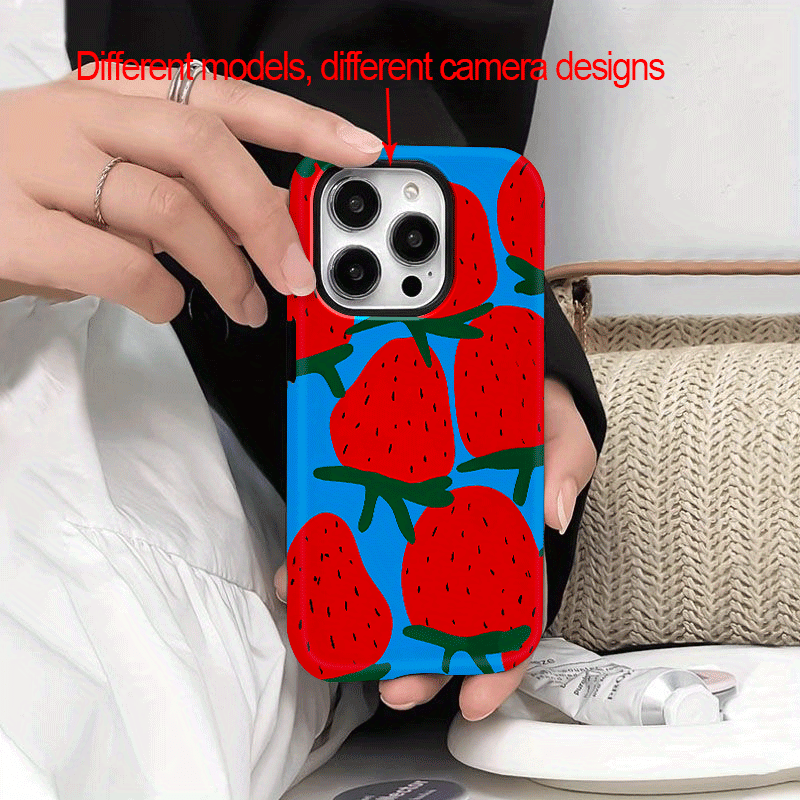 TEMU Phone Case: Red Strawberries Double-layer Protective Mobile Phone Case - Sturdy, Durable And Shockproof, Suitable For Iphone 16 16e 15 14 13 12