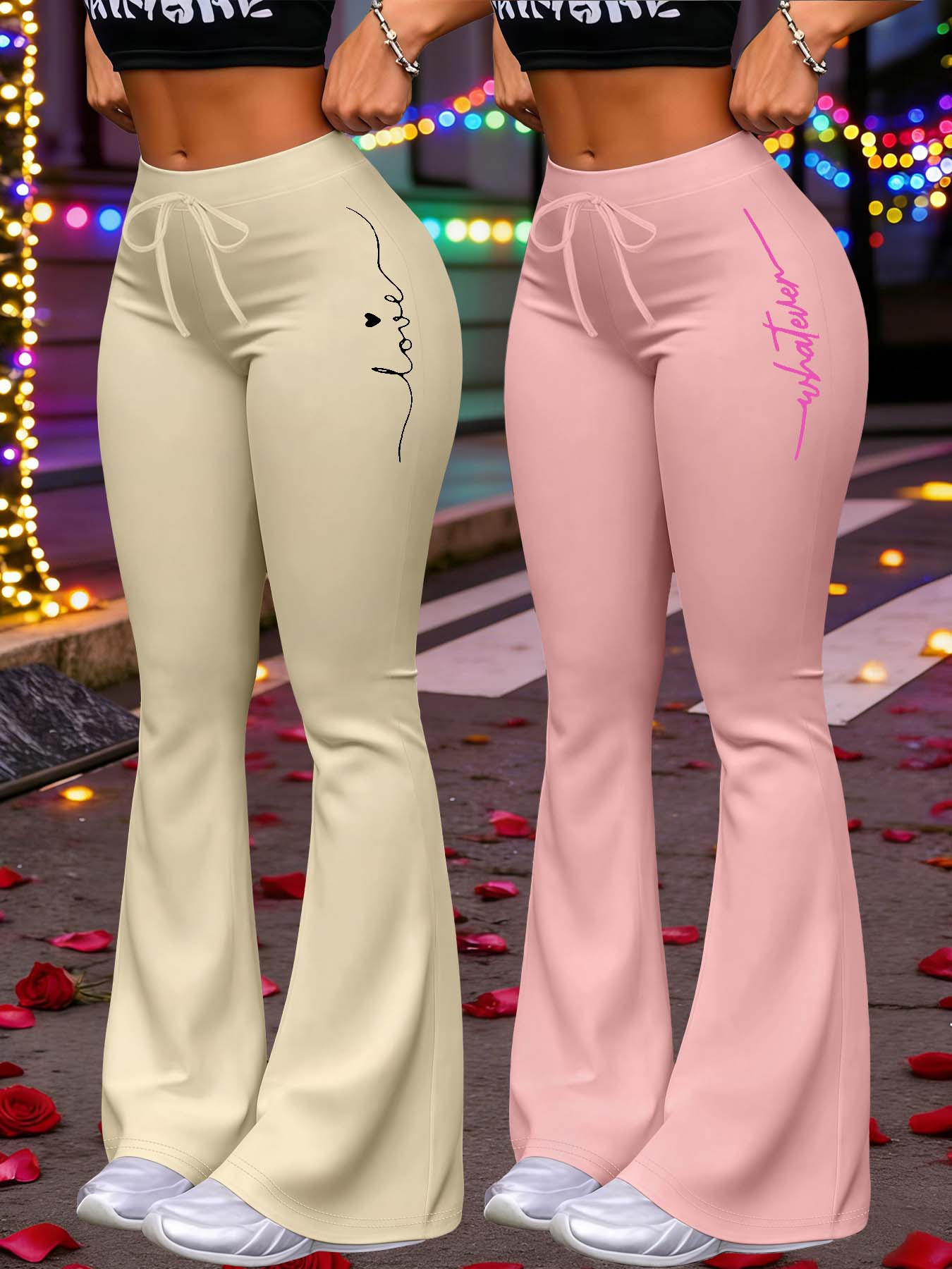 New Women'S Fashion for Valentine'S Day 2026 Featuring Stylish, Lightweight Artistic Minimalist Lines And Casual Attitude Text Prints. Includes High-Waisted Drawstring Slim-Fit Stretchy Flared Straight Pants in a Two-Piece Set
