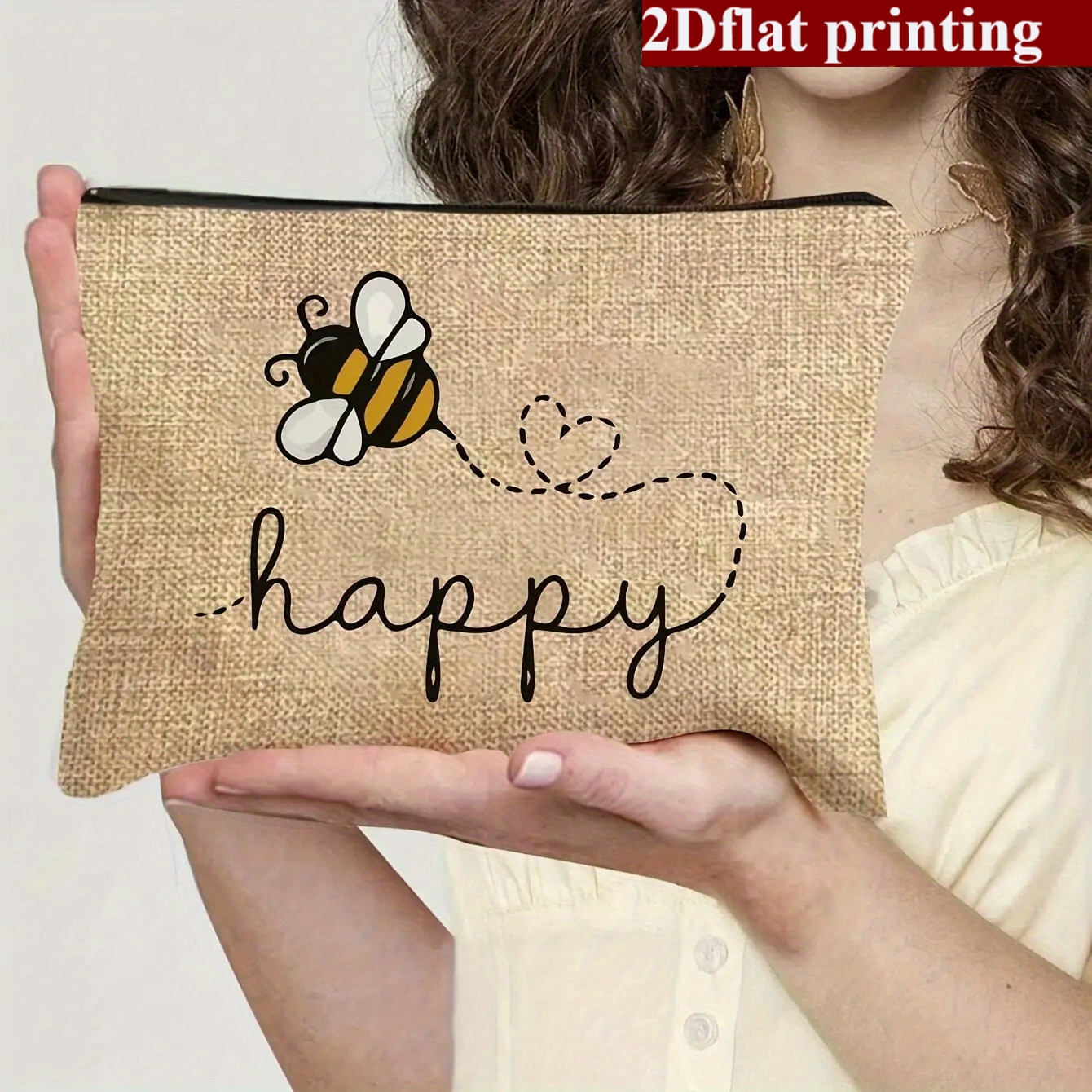 TEMU 2d Flat Print 1pc Vintage Women's Cute Bee Makeup Bag - Bee-themed Zippered Toiletry Pouch, Lipstick And Brush Organizer, Suitable As A Birthday