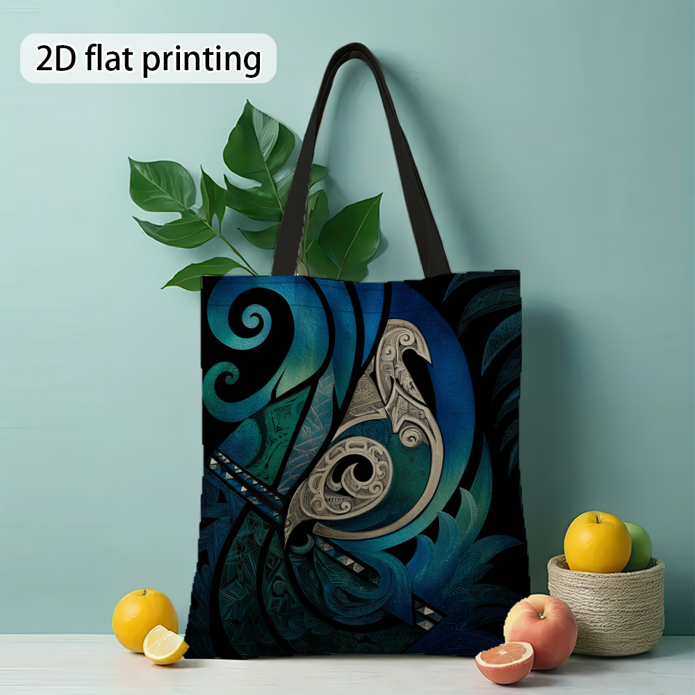 TEMU 1pc Double-sided Printing 2d Flat Print Maori Landscape Fashion Tote Bag - And Black , Durable And Large Capacity, Firm Handle, Suitable For