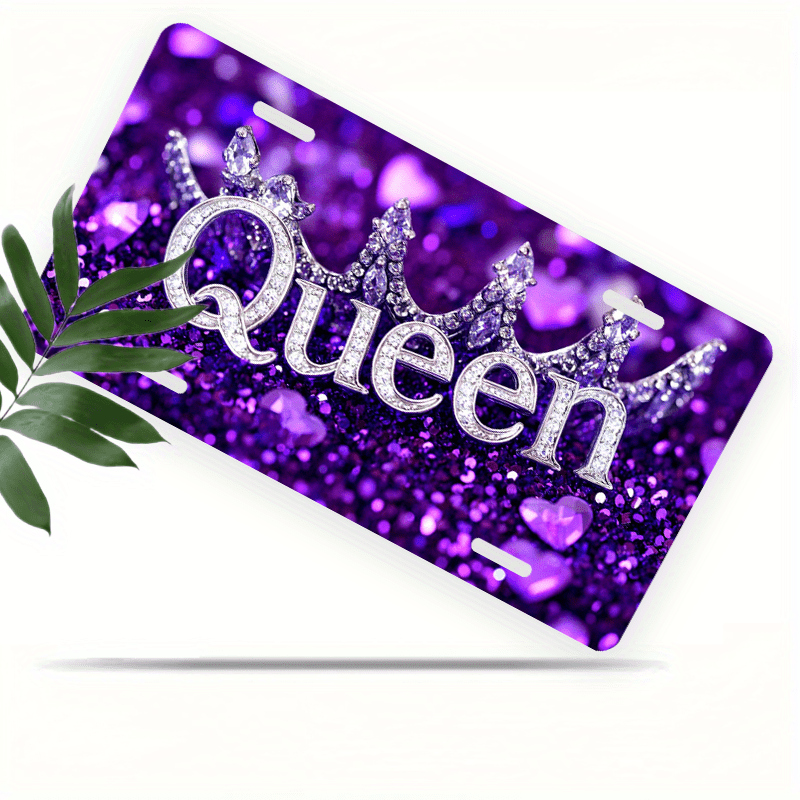 TEMU 2d Flat - For Decorative Use 2d Flat, 2d Flat Car P1 License Plate Cover And Frame, Shiny Purple Glitter Crown, For Front Decoration, For