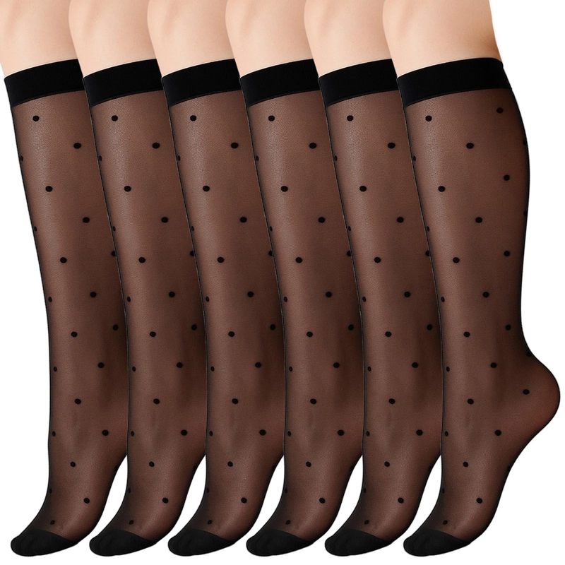TEMU 6 Paires de Chaussettes Longues de Compression, Chaussettes de Printemps Été Noires à Pois, Adaptées aux Talons Hauts et aux Baskets,