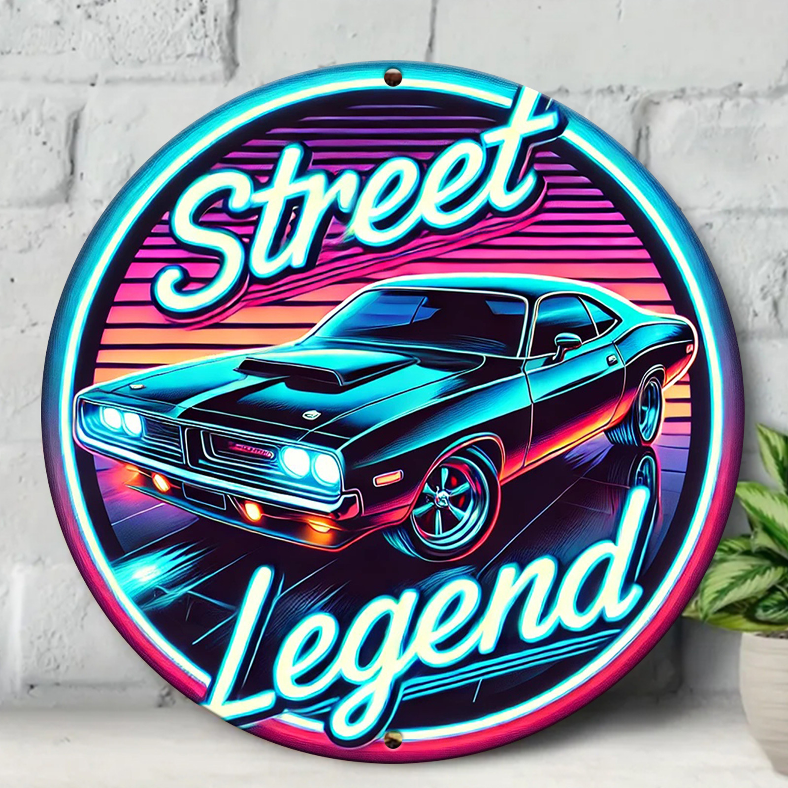 

Retro "street " Sports Car Round Metal Wall Art - 8x8 Inch Aluminum Tin Sign With Vibrant Neon Colors For Home, Cafe, Bar Decor - Unique Garage Gift, Metal Outdoor Decor, Room Decor