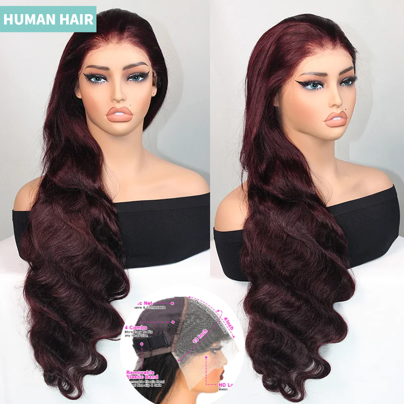 Image of Ownvmor Women' 13x4 Burgundy Glueless Human Hair Wig Suitable For - Hd Transparent Lace Front With 200% Density Body Wave Wig, Hair Density For Dreadlock & Braids Styles, No Glue Application Required