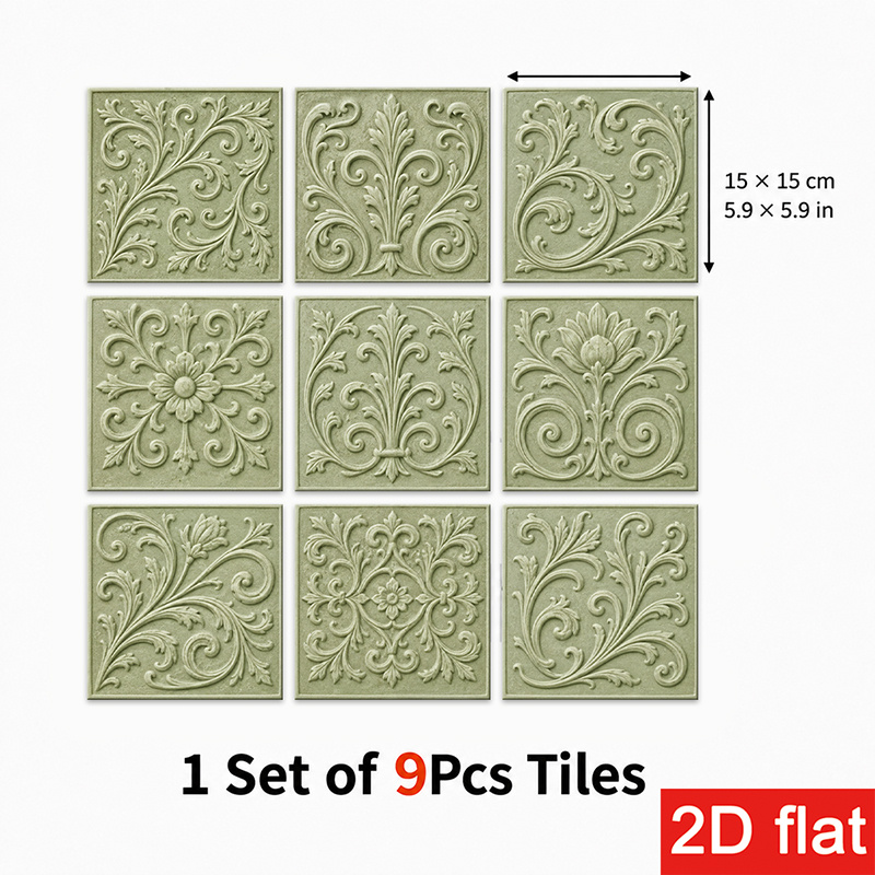 TEMU Lot de 9 autocollants pour carreaux d'ardoise 2D plats 15x15cm (5.9x5.9in), carreaux muraux élégants à et coller avec motif floral vintage vert