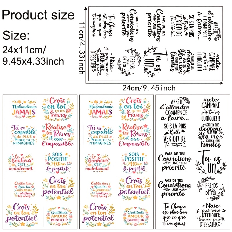 TEMU Papier de transfert UV DTF 4 pièces avec citations inspirantes colorées et et blanc d'affirmations positives - Convient pour mugs, tasses en