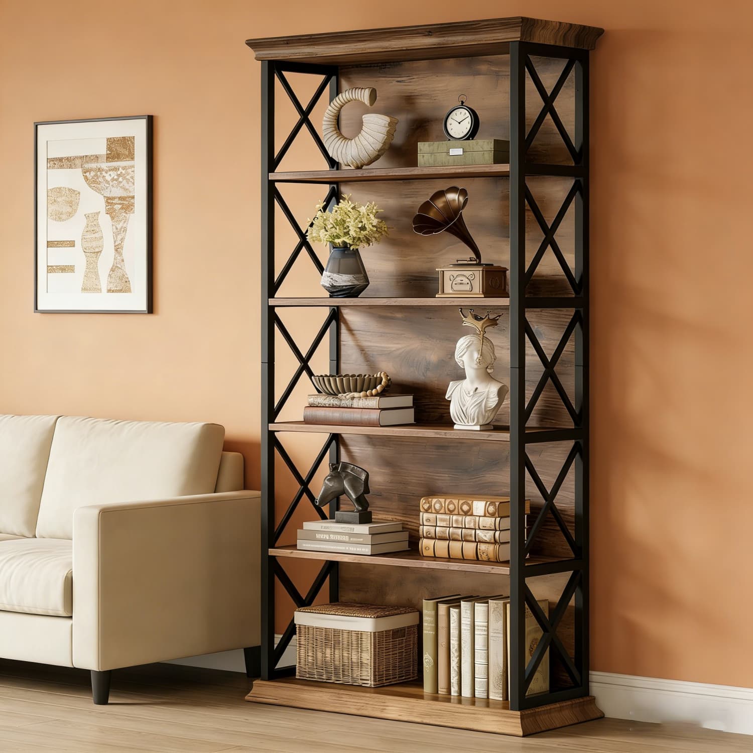 6 Tier Industrial Tall Bookcase | 180cm Floor Standing Storage Shelves, 5 Open Shelves Organizer, Multifunctional Bookcase For Home Office, Living Room, Bedroom, Brown - Wood Material, Freestanding