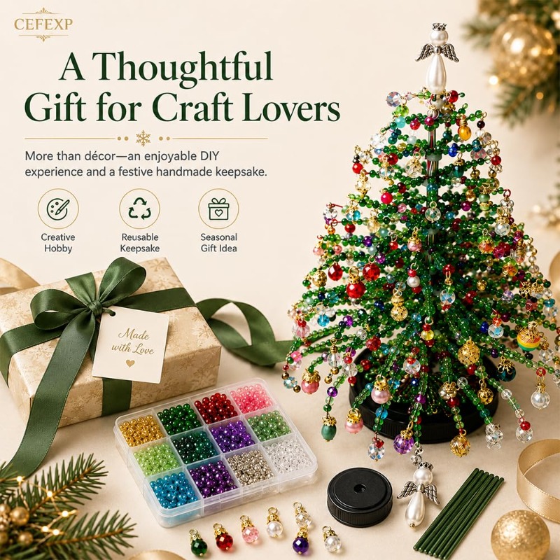 beaded mini christmas tree making kit handcrafted tabletop xmas tree decor with multicolor   ornament pendants wire additions   2pcs christmas greeting cards   gift for   christmas new year present Product details 5