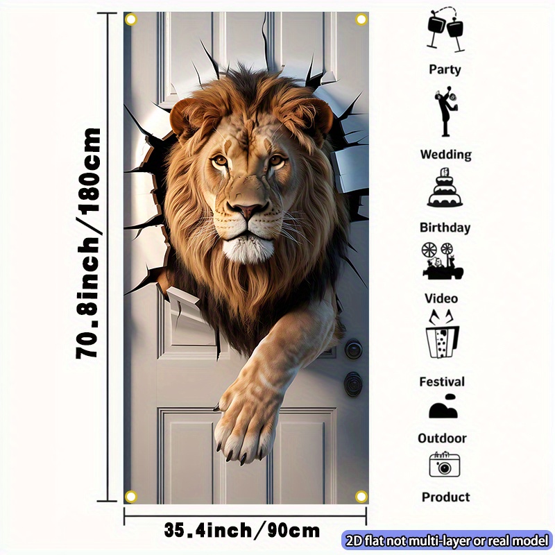 TEMU 1pc Realistic Lion Door Banner - Large Door Decoration (35.4x70.8in) With Pre- Holes & Hanging Ropes - Dramatic Lion Escape Party Decor For