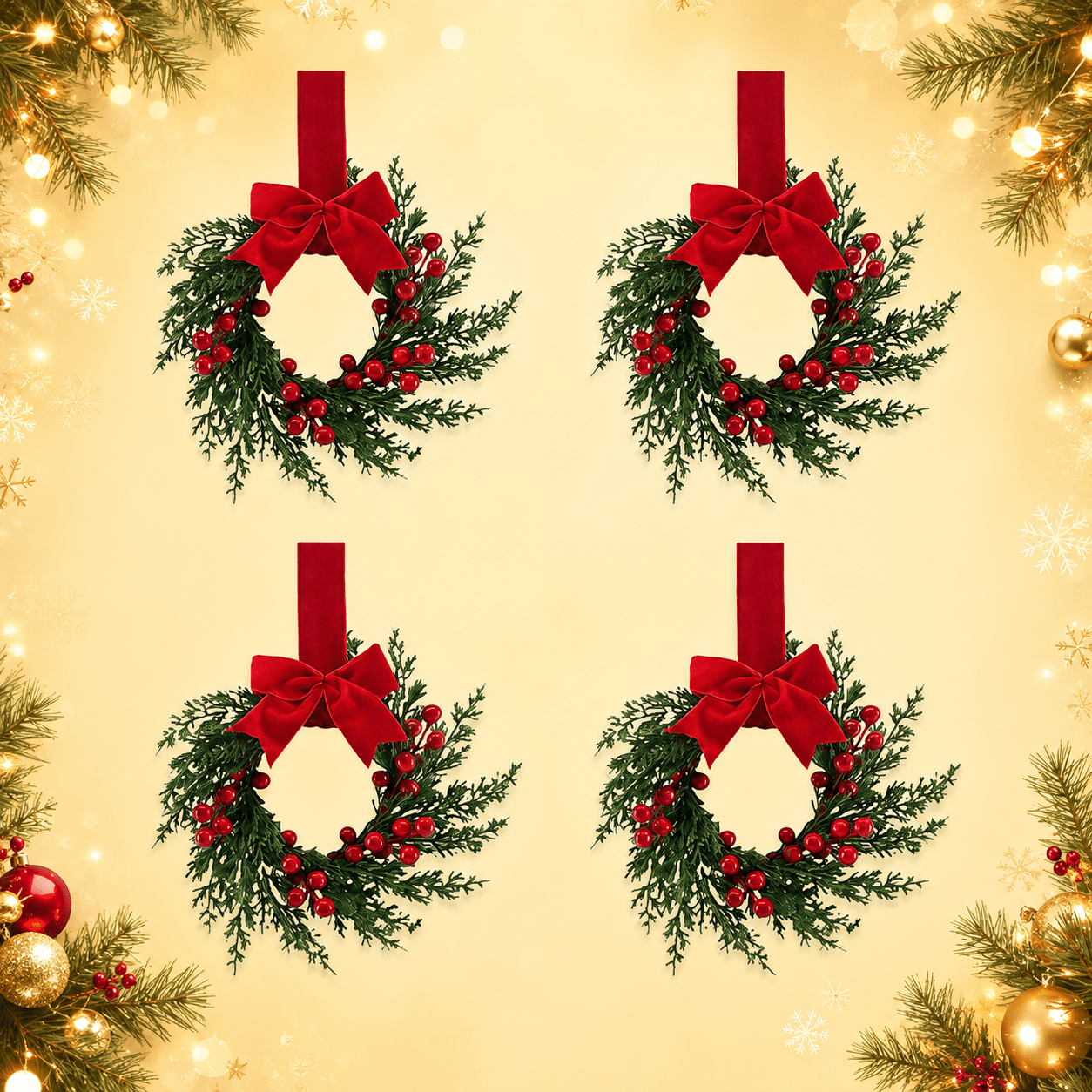 Image of 4pcs Christmas Greenery Wreath Decor, 10 Inch Artificial Pine Wreath With Accents And Velvet Bow For Door, Window, Wall And Display