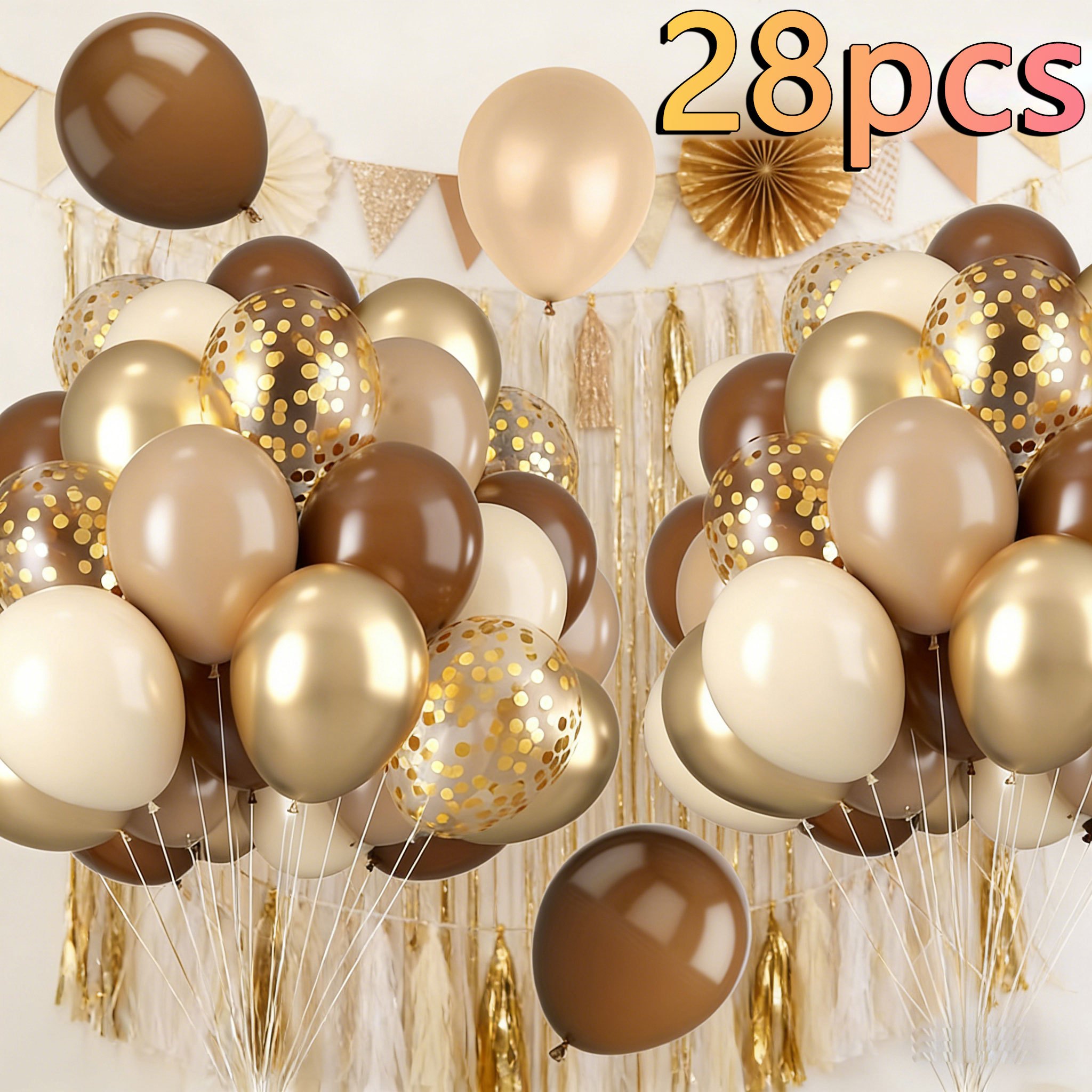 TEMU 28pcs Brown And Golden Balloons, 10-inch Tan Cream Beige Sand Nude Neutral Latex Balloons, Confetti Latex Balloons, For Birthday Party, Bridal