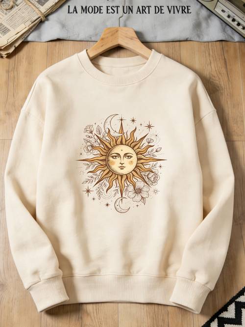 womens crewneck sweatshirt vintage print with stars moon and floral elements soft comfortable breathable fashionable versatile casual daily wear