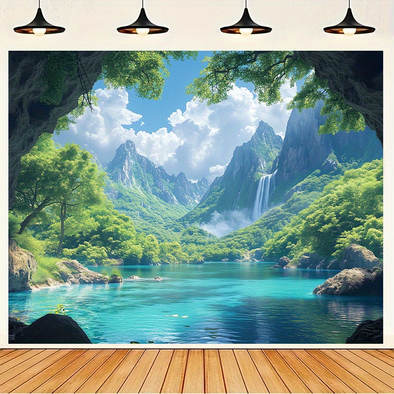 Extra Large Natural Waterfall Tapestry Tropical Greenery Blue Wall Hanging For Living Room Bedroom Background_voghion.com