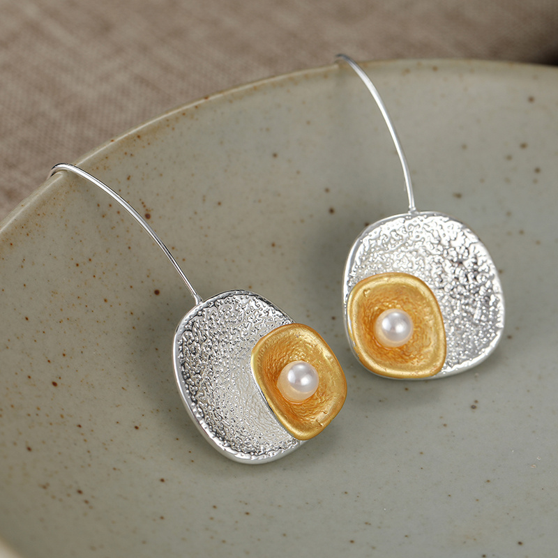 Stylish White Round Double Layer Irregular Pendant Earrings, Handmade