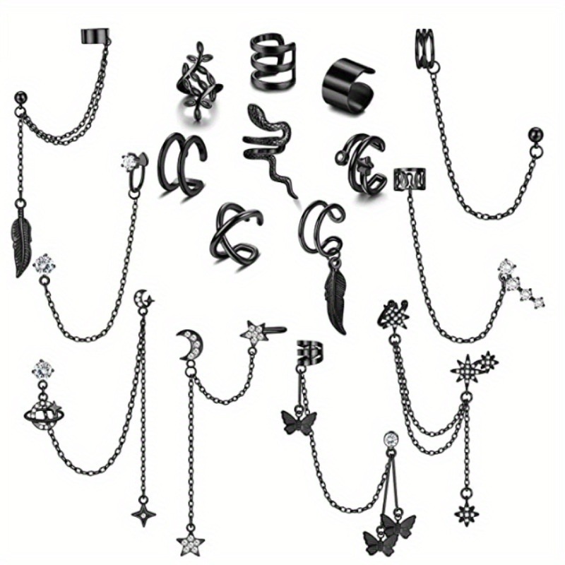 Image of 16pcs Adjustable Silvery Ear Cuffs Earring Set For Women Men Hypoallergic Non-piercing Clip-on Cartilage Earrings Dangle Earring Cuff Wrap Earring Set Fake Ear Clips