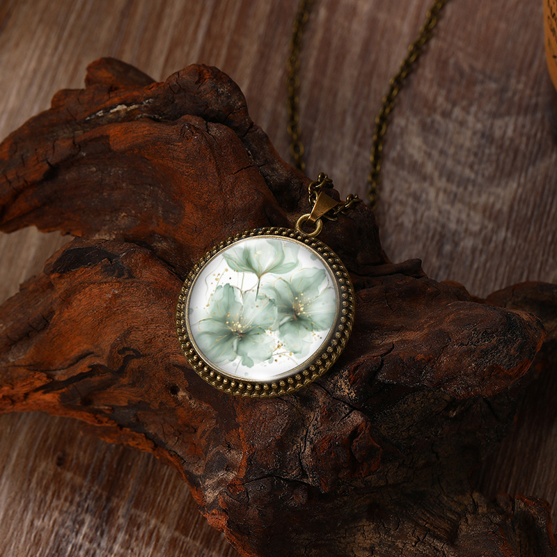 Mint Blooms with Gilded Touch Necklace, Handcrafted Glass Pendant
