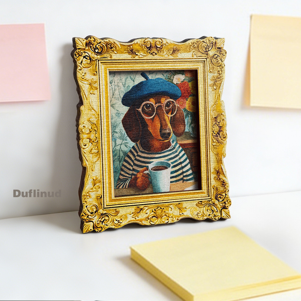 TEMU A Wooden Miniature Decorative Painting Of An Adorable Dachshund Wearing A Beret And Glasses, Holding A Coffee Cup, Resembling A Charming Home