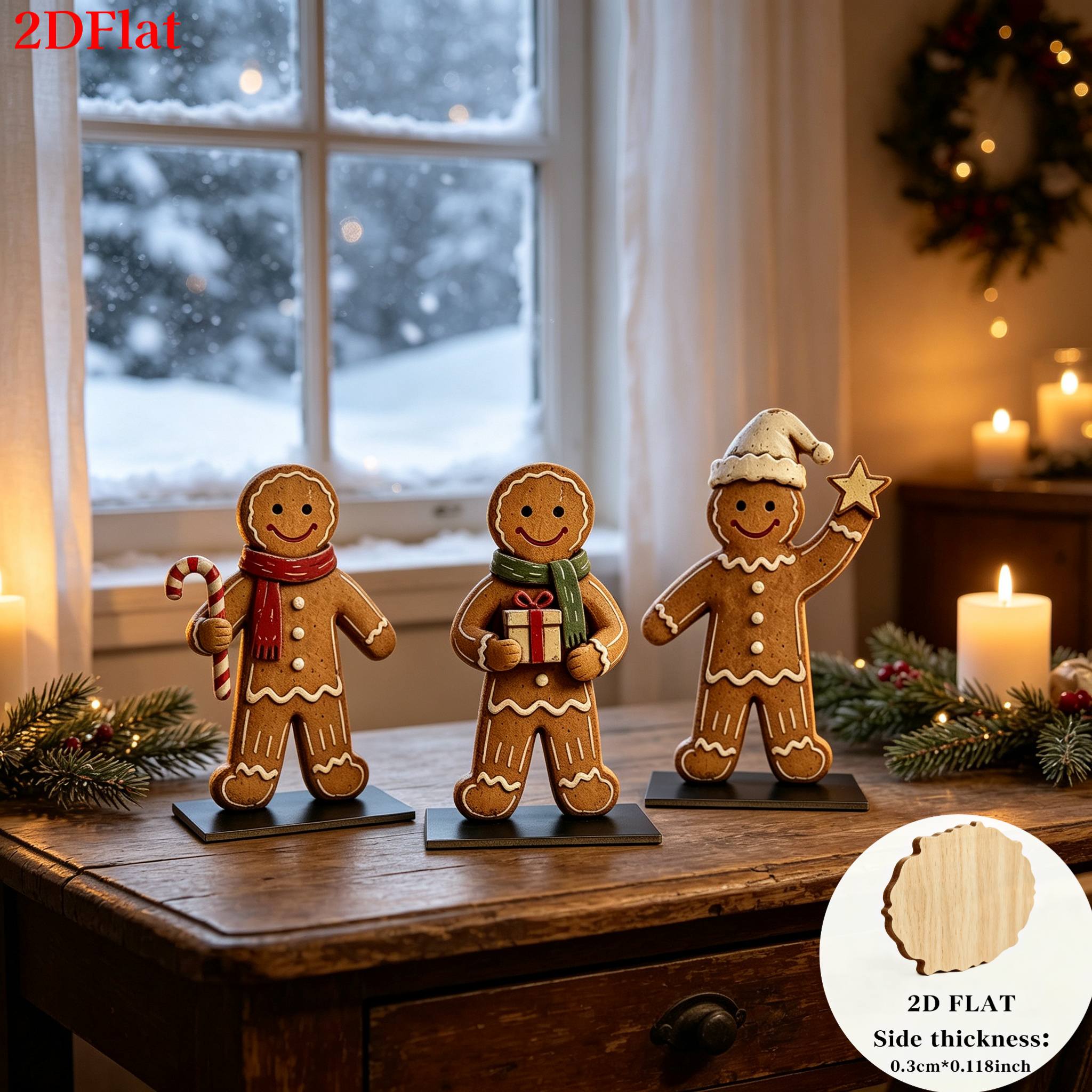 TEMU 2d Flat, 2d, 3pcs Set Vintage Distressed Gingerbread For Man Wooden Desktop Decorative Ornaments, An Excellent Choice For . Suitable For Display