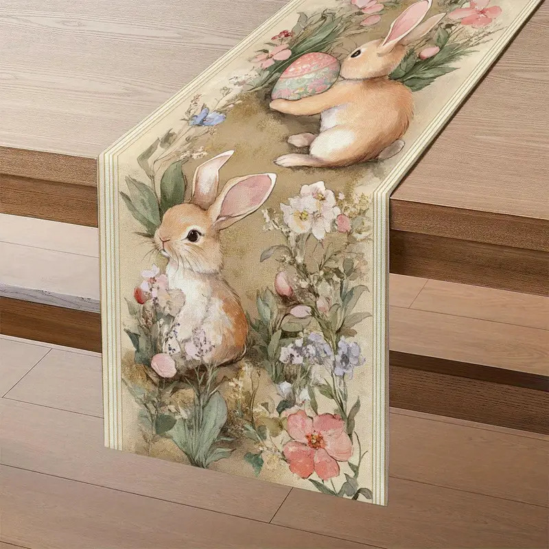 

1 Easter Bunny & Floral Egg Design Polyester Table Runner - Rectangular, Woven For Indoor/outdoor Dining, Ideal For Easter Celebrations, Home , Parties, Anniversaries, Weddings & Decor