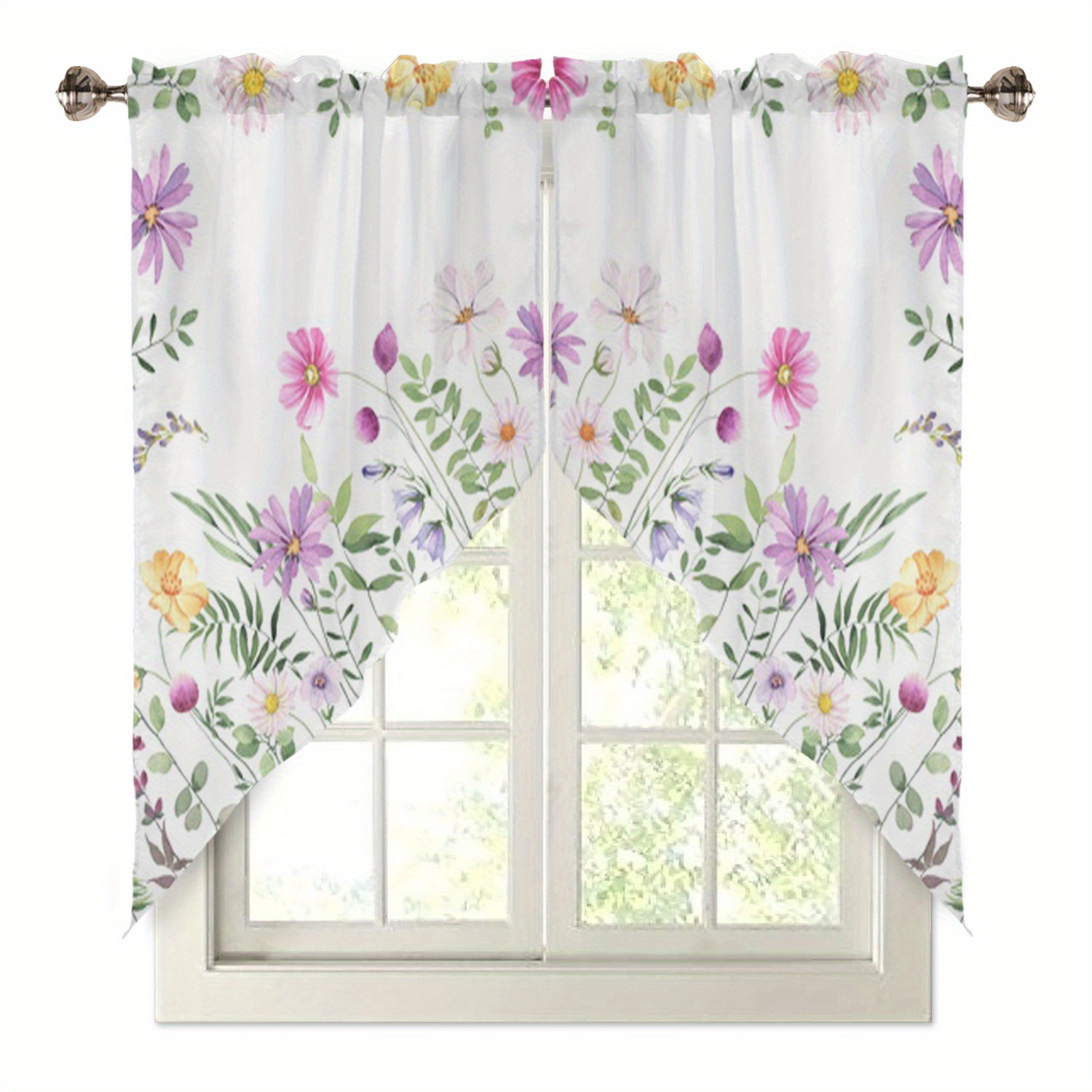 TEMU 2pcs Rideaux Triangulaires Style Naturel Motif Fleurs Florales, Rideaux de Cuisine Décoration Intérieure avec Installation à Poches pour Fenêtre