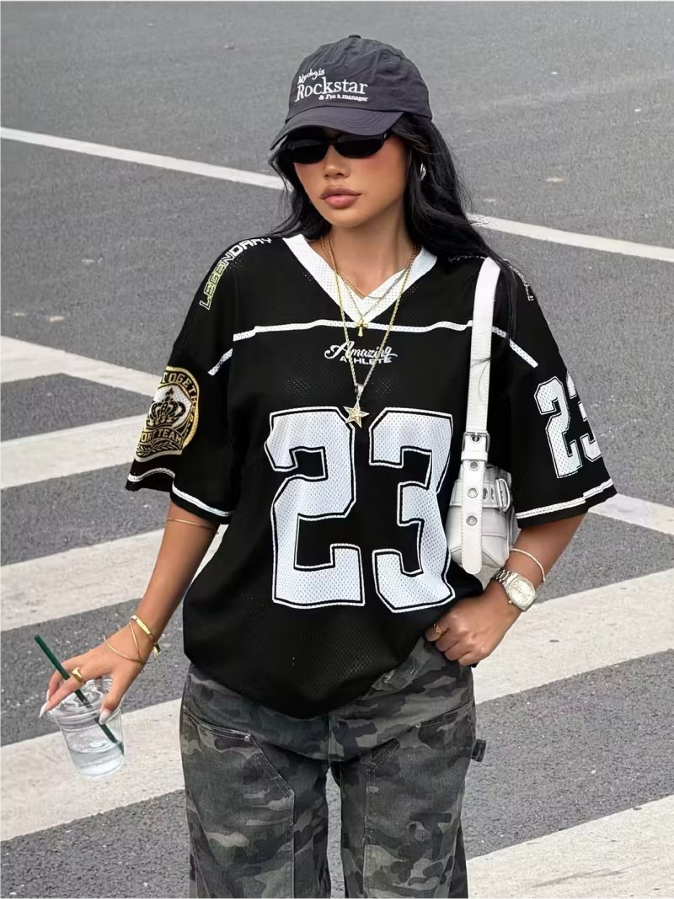 Womens Number 23 Print V Neck T Shirt Casual Sporty Top