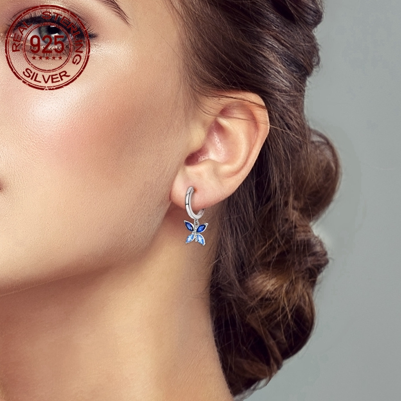 Women's Sparkling Sea Blue Butterfly Earrings, Hypoallergenic