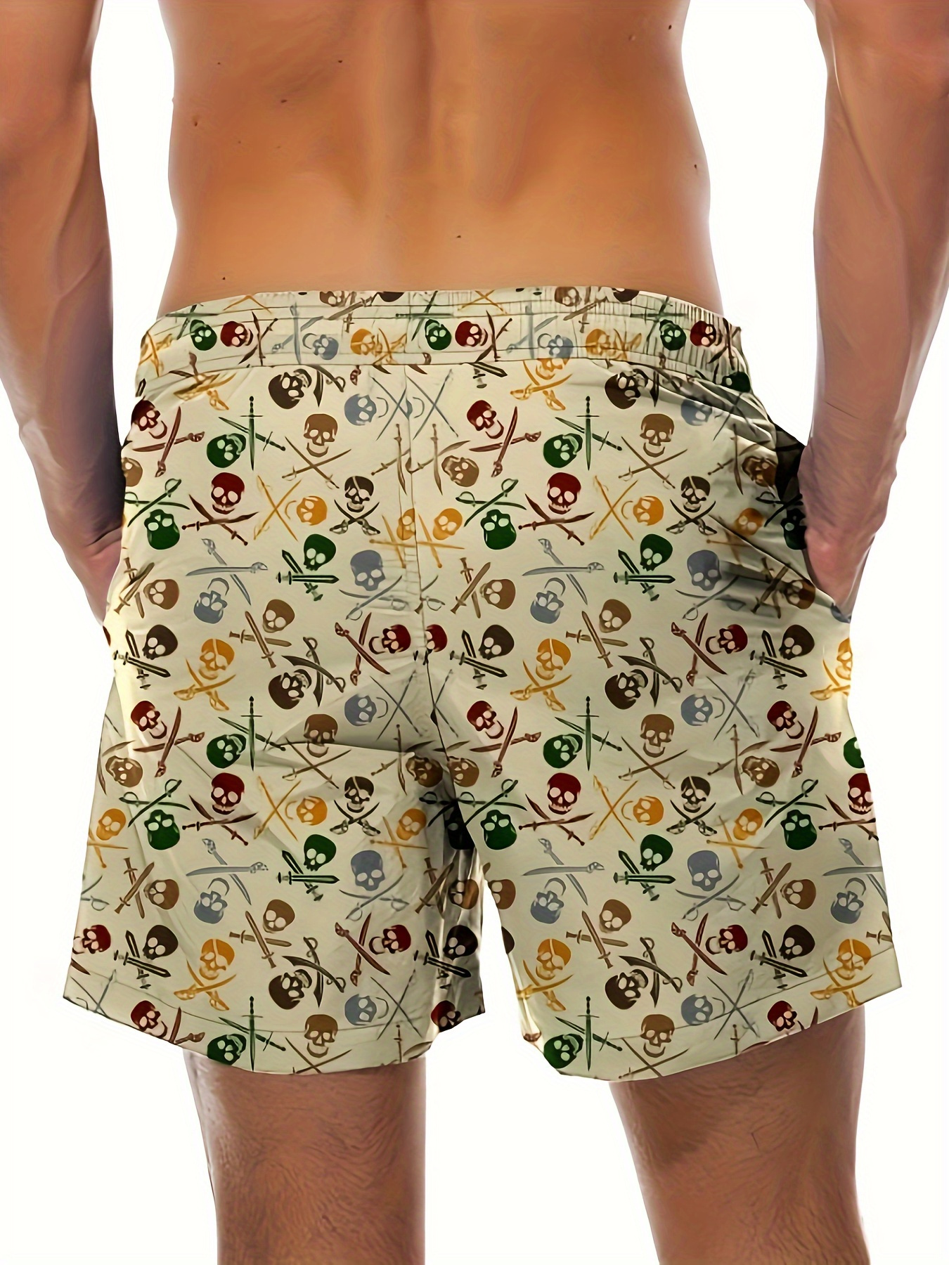 print design mens textured skull print khaki swim trunks casual beach shorts with drawstring waist pockets and neoprene material suitable for   swimwear plus size
