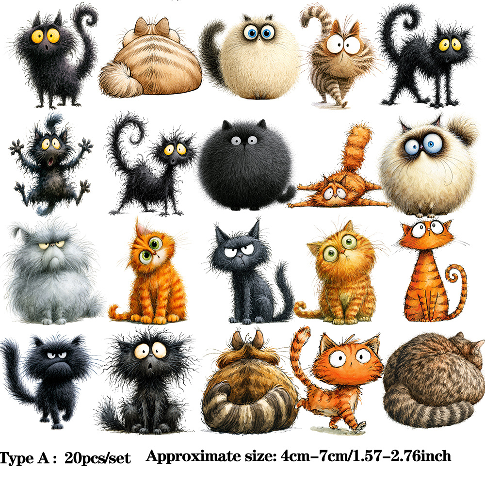 TEMU 20pcs Ruonaorou Watercolor Cat Stickers Suitable For Journaling, Scrapbooking - Tabby Kitten Ephemera With Glare, Irregular Shapes, Glossy Paper