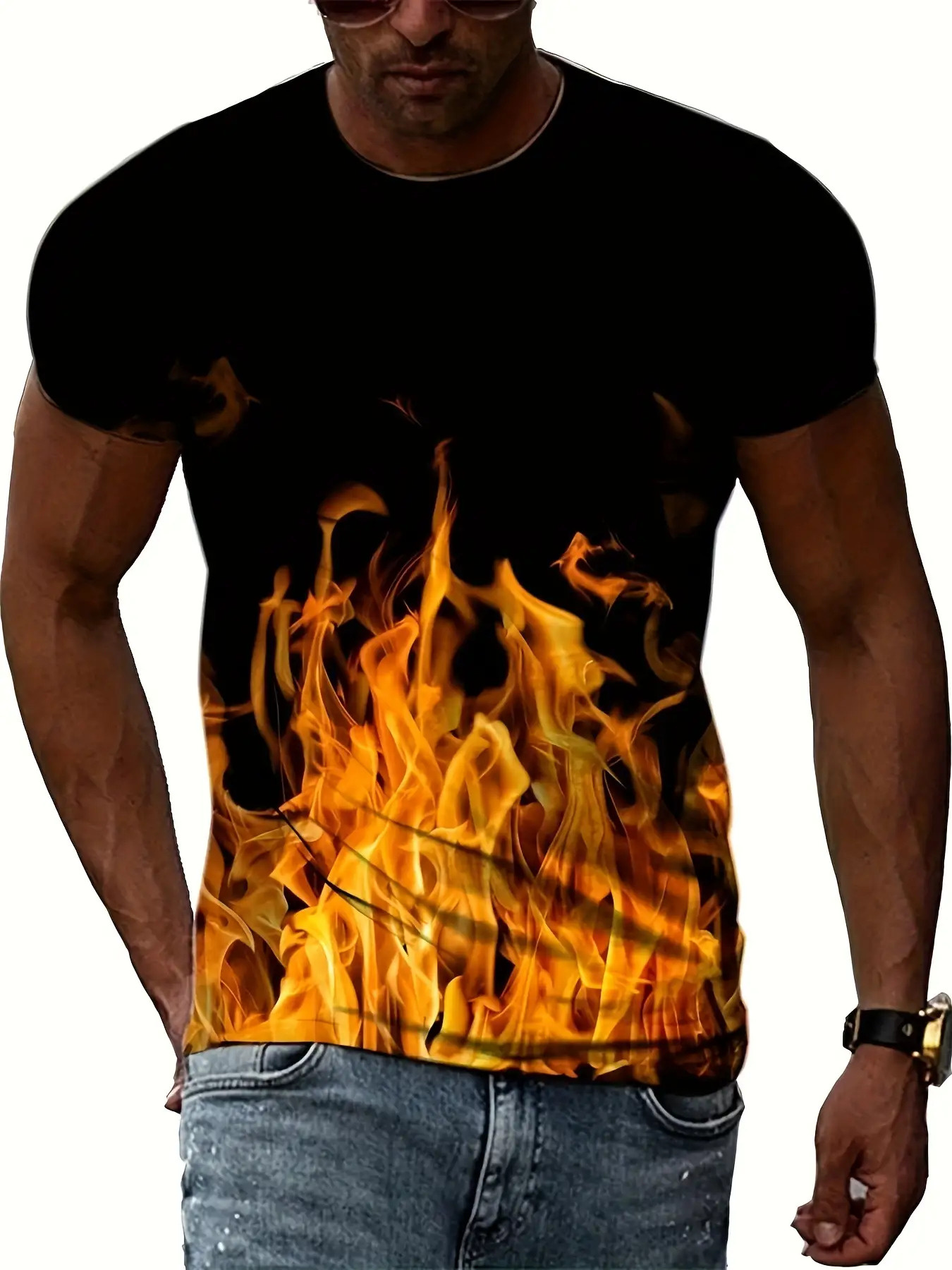 item picture mens flame print t shirt with a realistic fire effect short sleeved round neck suitable for casual parties   in   yellow red white gray and beige   summer workouts and outdoor   washable