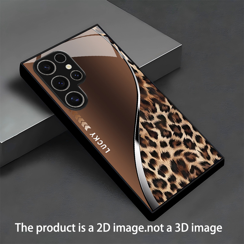 TEMU para teléfono: Carcasa de cristal con un que estampado de leopardo de marrón y líneas de ondas curvas. Compatible con for Samsung Galaxy