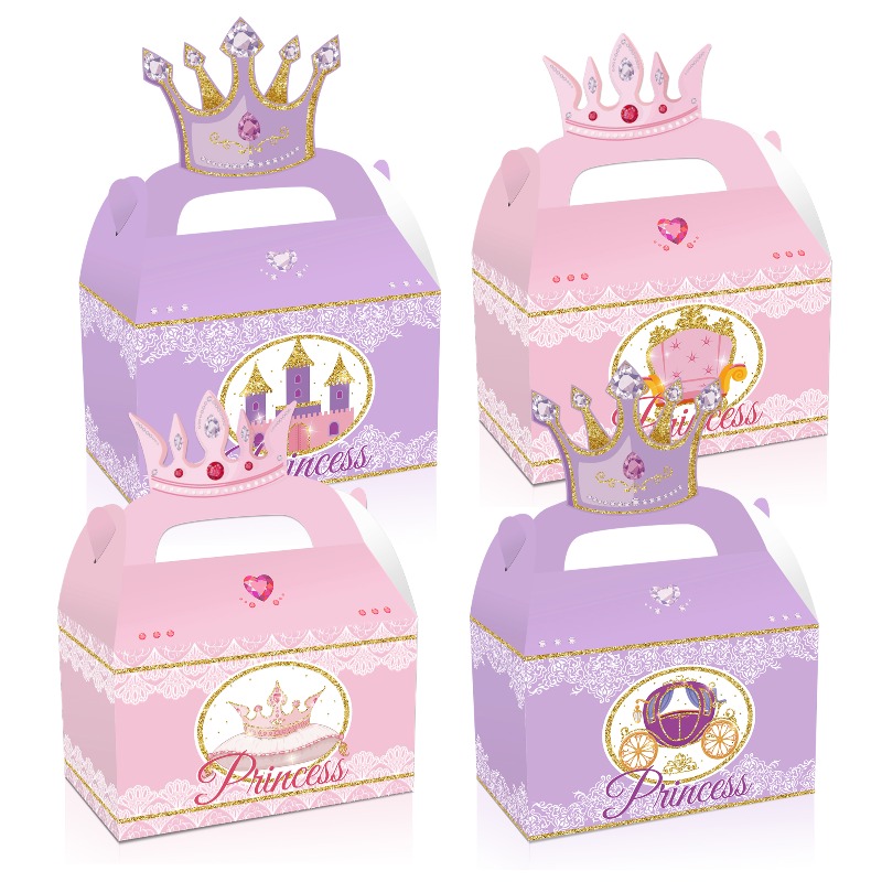 TEMU 6pcs Princess Cardboard Birthday Gift Candy Handbag Princess Crown Handbag Gift Box Carriage Print Tale Atmosphere Princess Theme Party Gift Box