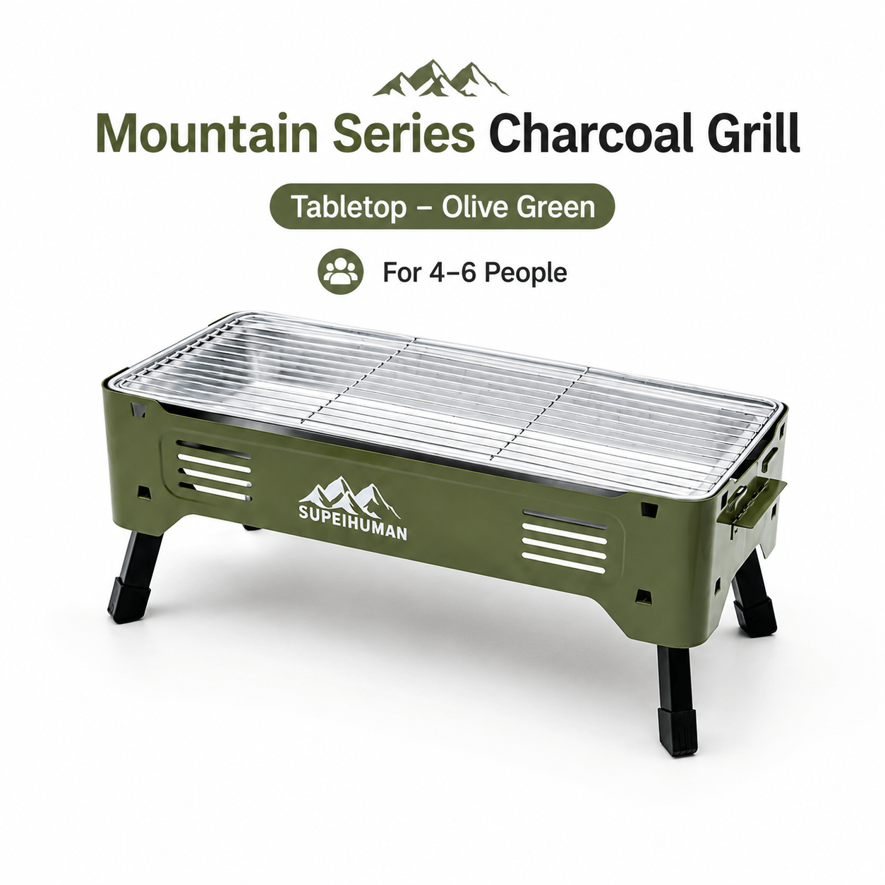 Image of Portable Charcoal Grill, Mountain Series Outdoor Camping Bbq Grill For 4-6 People, Foldable Garden Barbecue Grill For Patio Picnic Travel, Tabletop Or Standing Model, Black/olive Green