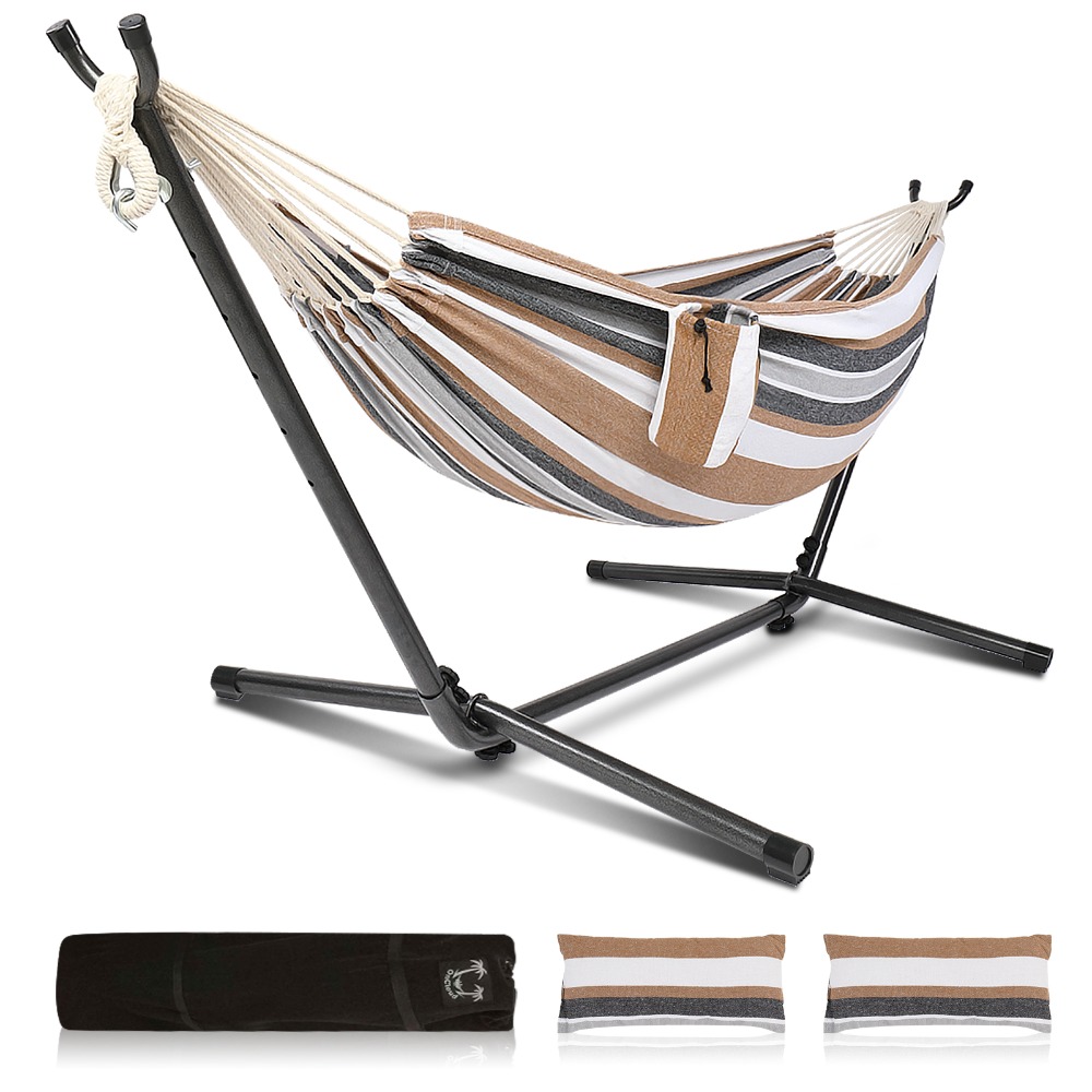 Image of 9ft Hammock With Steel Stand- Premium Cotton Blend, Large Bed- Heavy Duty 550lbs Portable W/carrying Case - For Garden Yard Patio Outdoor Camping Gifts- Washable