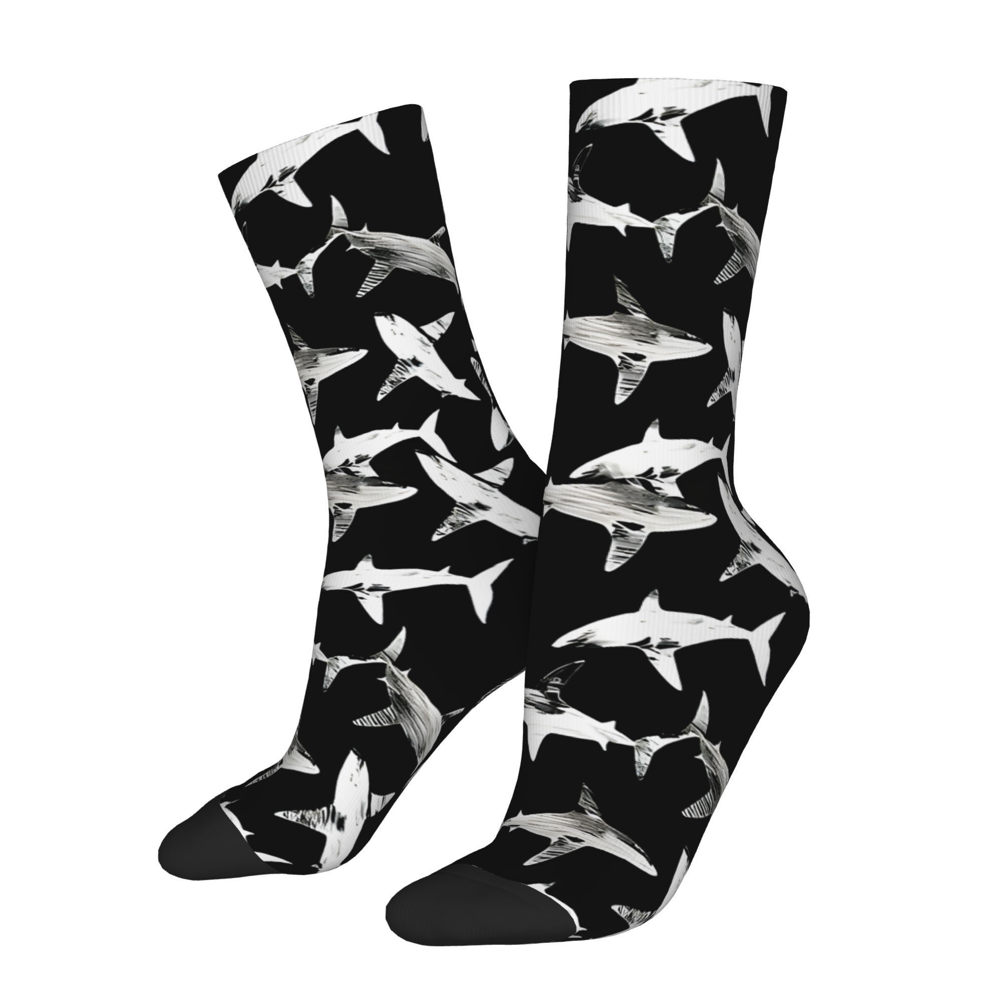 

1 Pair Unisex Socks With Shark Print - Knit Fabric Polyester 95%, Spandex 5% - Geometric Pattern - Machine Washable Crew Socks For Men And Women