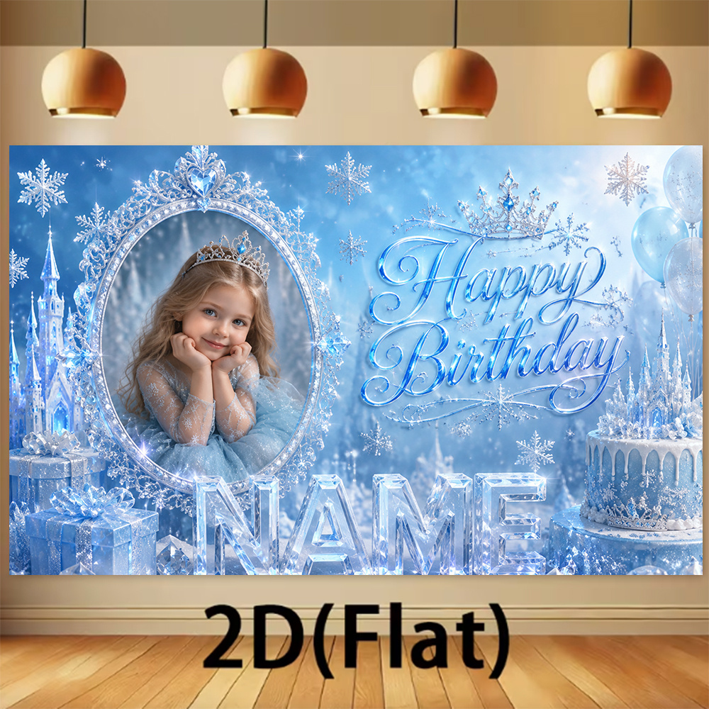TEMU 2d Flat, 2d Banner 1pc, Self- Personalized Custom Photo Name, Flat Printing, Custom Party Banner, Ice And Snow Themed Happy Birthday Background