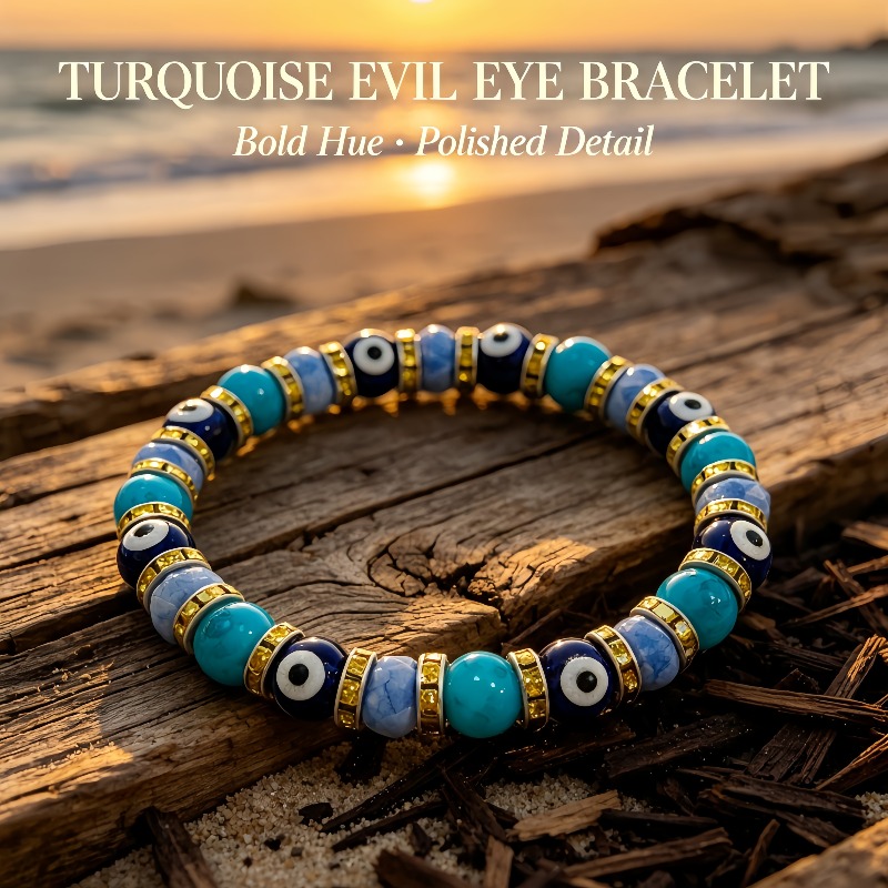 TEMU 1 bracelet extensible à thème bleu "Œil de démon" avec plusieurs perles décoratives d'œil et des perles d'espacement jaunes étincelantes, un