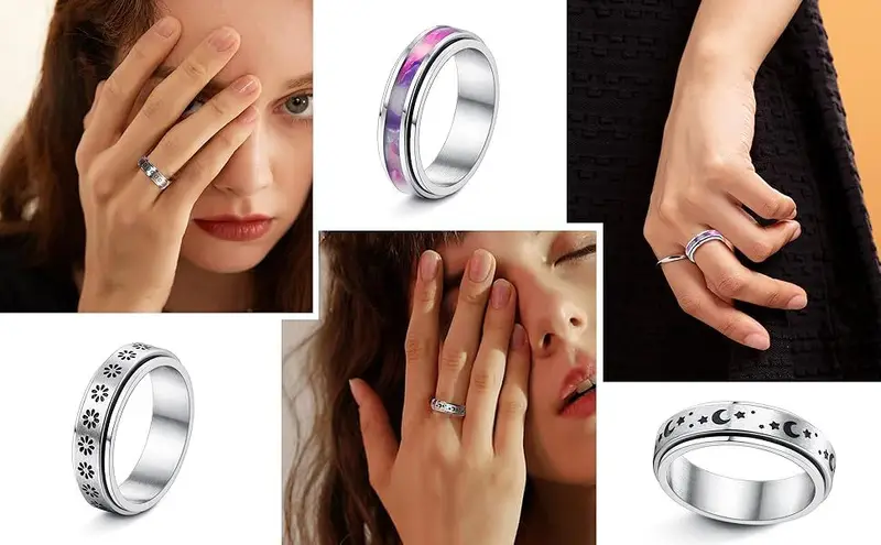 3pcs 316l 316l stainless steel spinner rings for - moon, star, flower fidget bands for relax, wedding promise rings, everyday & party wear, perfect gift for holidays, music festivals, father s day, thanksgiving, easter, relax rings | minimalist rings | durable rings, without battery Product details 0