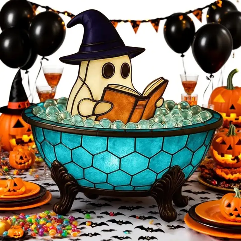 cute reading bubble night light halloween decoration with book lantern battery free tabletop shelf fireplace decor spooky for home parties gifts durable resin construction indoor outdoor use halloween party centerpiece or year round decoration shelf accent piece design detailed sculpture decorative lamp Product details 4