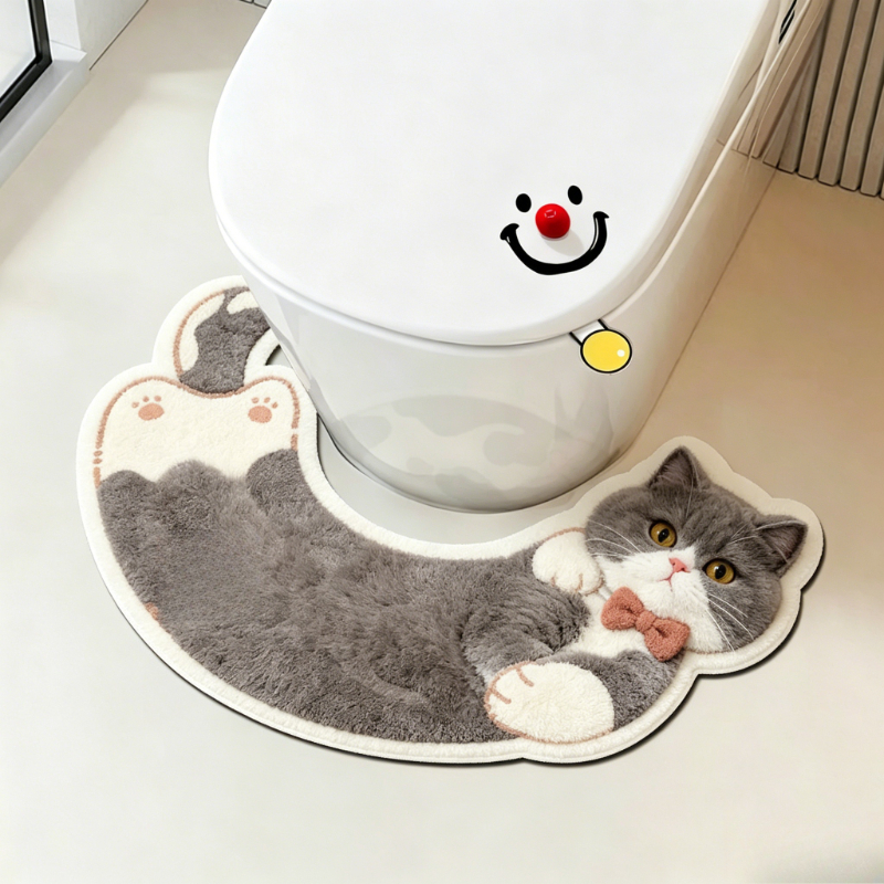 TEMU Velvet 900g + 9mm Cartoon British Shorthair Cat Pattern Rug, Creative And Fun U-shaped Non-slip Bath Mat, Cute Cream Style Bedroom Decor For